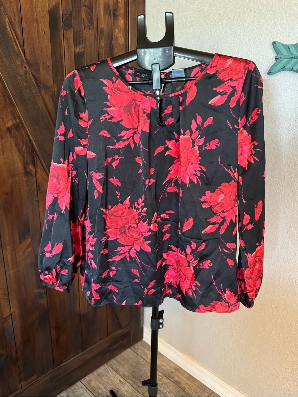 Talbots Black Blouse with Bright Red Floral Pattern